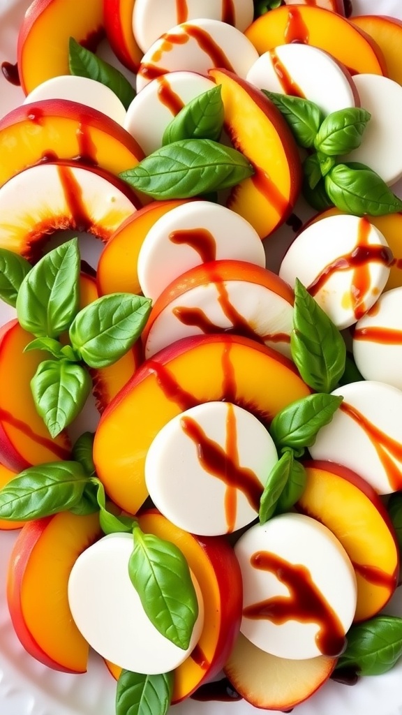 A vibrant Peach Caprese appetizer with peaches, mozzarella, and basil drizzled with balsamic glaze.
